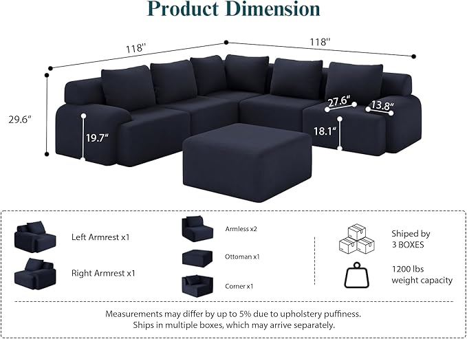 Boneless Couches for Living Room V-Shaped Deep Seat Corner Couch 6 Seater Cloud Modular Sectional Sofa Plush Corduroy Convertible Oversized Couches No Assembly Required Blue-Grey