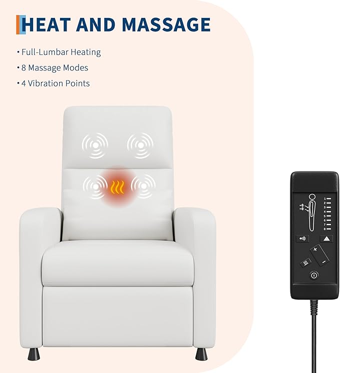GarveeHome Power Recliner Chair with Massage and Heat Adjustable Electric Recliner Ergonomic Overstuffed PU Leather Single Sofa 2 Side Pockets and USB Port Home Theater Seating for Living Room
