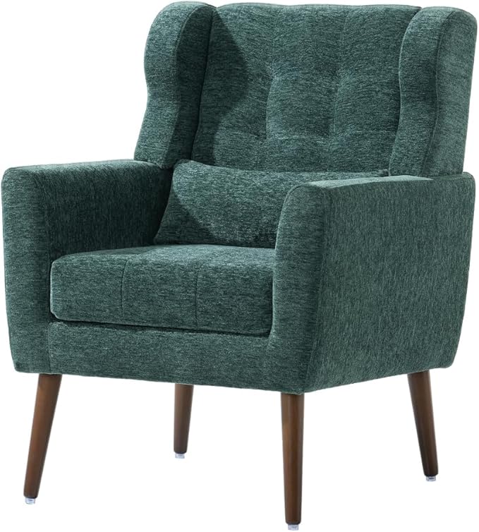Modern Accent ChairChenille Arm Chairs for Living RoomUpholstered Mordern ArmchairComfy Soft Padded Lounge Chair in Small Space Bedroom w/Pillow Solid Wood Leg (Blackish Green + Chenille)