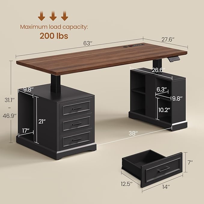 SEDETA Farmhouse Electric Standing Desk 63 Height Adjustable Computer Desk with 3 Drawers Storage Shelves Power Outlets Wood Home Office Stand up Desk for Work Study Writing Black