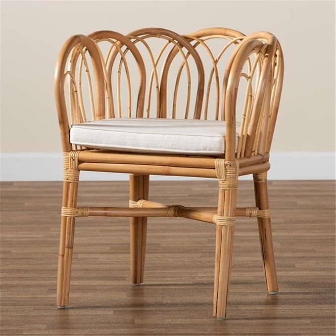 Bowery Hill 18.1'' Modern Rattan Accent Chair Natural Finish Looped Backrest 31H x 24.5W x 24D Removable Foam Cushion with Cotton-Polyester Upholstery Handmade for Living Room or Lounge Use