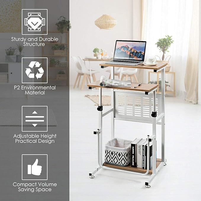 Goplus Topment Height Adjustable Standing Desk Home Office Writing Workstation with U-Shaped Footrest Sturdy Steel Frame Adjustable Pads Space-Saving Sit Stand Laptop Table with Storage