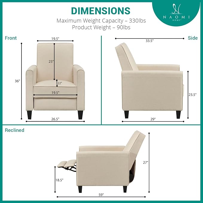 Naomi Home Landon Cream Linen Push-Back Recliner Compact Comfort for Small Spaces Plush Cushioning Modern Armless Club Chair Design