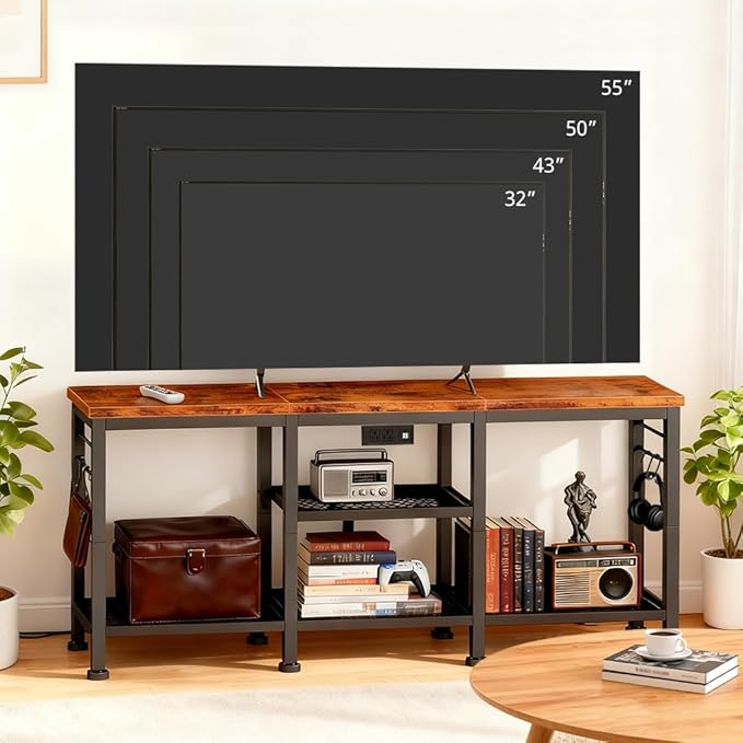 LUCKLIFE TV Stand with Charging Station for TVs up to 55 InchRustic Wood Entertainment Center with 3-Tier Storage ShelvesModern TV Media Console Table with 4 Hooks for Living RoomBedroom(Brown)