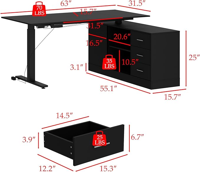 Homsee Home Office L Shaped Electric Standing Desk with Drawers and Shelves Height Adjustable &amp Shape Reversible Stand up Desk 63 Computer Executive Corner Table Black