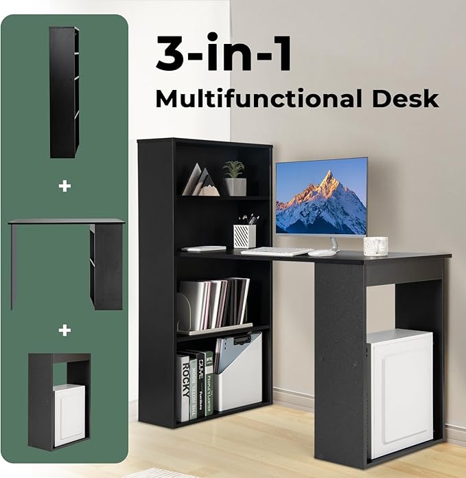 Giantex 48 Inch Computer Desk with Bookshelf 3-in-1 Home Office Desk with 4-Tier Bookcase &amp CPU Stand Space-Saving Reversible Writing Desk Work Table for Bedroom Study Room Office (Black)