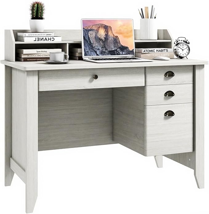 GLACER 48 Computer Desk with 4 Storage Drawers &amp Hutch Home Office Desk with Cable Hole for PC Laptop Wooden Writing Workstation Gaming Desk for Office Study Bedroom Small Spaces (White)