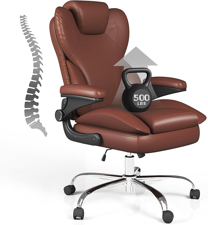 Office Desk Chair Executive Leather Office Chair High Back Ergonomic Home Desk Chair with Padded Flip-up Arms Big and Tall Computer Chair with Rocking Function 360°Swivel Free Light Brown
