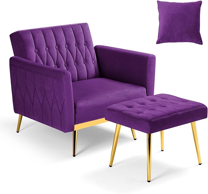 Velvet Accent Chair with Adjustable Armrests and Backrest Button Tufted Lounge Chair Single Recliner Armchair with Ottoman and Pillow for Living Room Bedroom Purpel