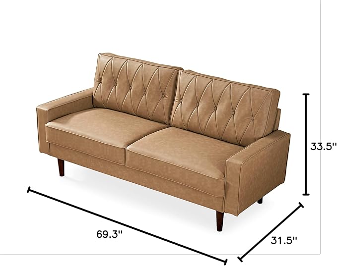 Container Furniture Modern Style Faux Leather Sofa with Elegant Round Tapered Legs and Button Tufted Backrest Perfect for Living Room Bedroom or Home Office 69.3’’ Wide Camel