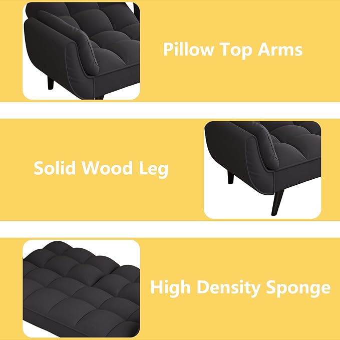 Velvet Futon Sofa Couch Bed with 2 Pillows Convertible Folding Futon Couch with Adjustable Backrest Love Seat Sleeper Sofa Bed for Small Spaces Living Room Office Apartment (Black)