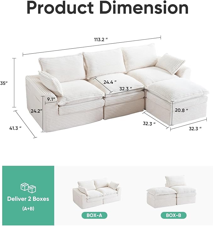 113 Cloud Sectional Boneless Couch for Living Room Modern Modular Sectional Sofa Deep Seat with Ottoman Upholstered Comfy Sectional CouchesCorduroy L Shaped Couch with Side PocketsBeige