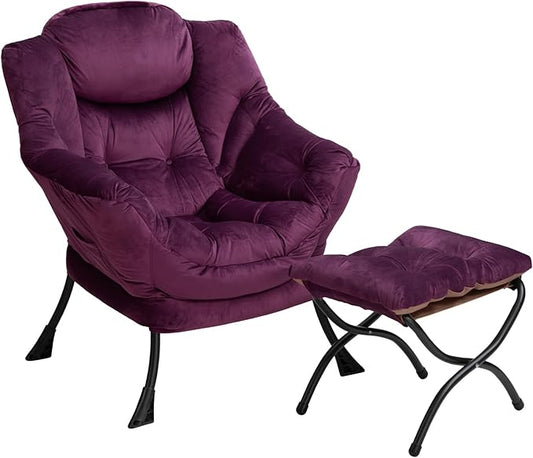 HollyHOME Lazy Chair with Foldable Ottoman Accent Comfy Lounge Armchair and Folding Footrest Stool Leisure Sofa Reading Chair and Footstool for Living Room Bedroom DormVelvet Purple