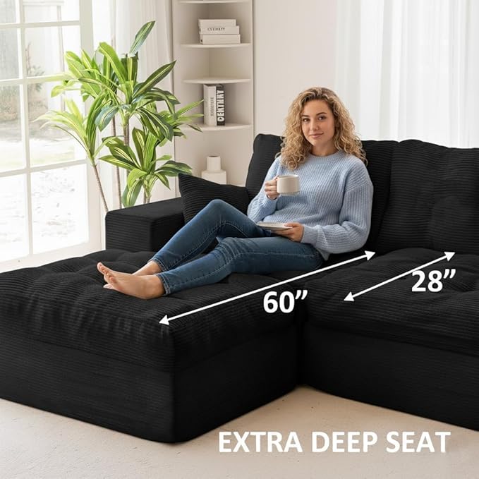 NAYA 106” Modular Sectional Sofa Cloud Sectional Couch with Deep Seat Modern Modular L-Shape Sofa Boneless Couch with Chaise for Living Room Bedroom (Black Left Facing Chaise)