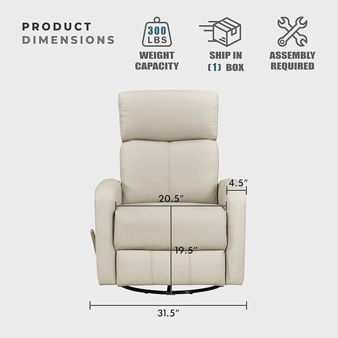 Lexicon Swivel Glider Reclining Chair Top Grain Leather Match Manual Pull Handle Recliner Comfy Nursery Glider Recliner Swivel Reclining Chair for Living Room/Office/Bedroom/Apartment Beige