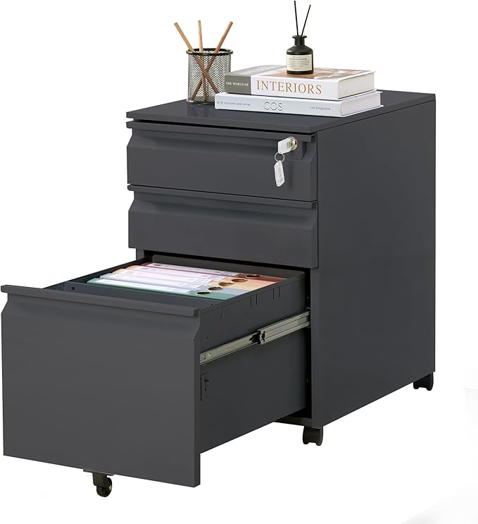 Filing Cabinets for Home Office Organizer 3 Drawer Mobile File Cabinet with Lock &amp Anti-Tip WheelUnder Desk Metal Filing Cabinets ForLetters/Legal/A4 (Un-Assembled) (Black)