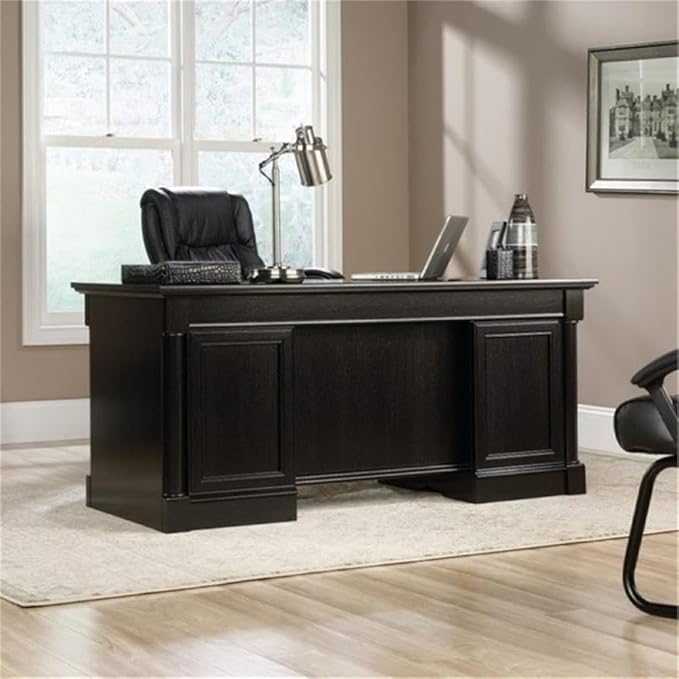 BOWERY HILL Executive Desk Wind Oak Finish 65.1 in Wide Spacious Desk Surface 6 Drawers with File Storage Cord Management System Durable Wood Home Office Desk for Workspace Organization
