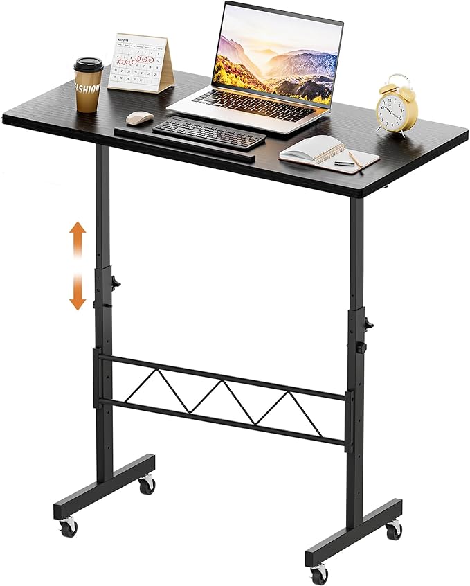 GTPLAYER Small Standing Desk Adjustable Height 30.7-46.4 Portable Computer Table Mobile Desk Workstation Stand Up Desk with Wheels Compact Rolling Table for Home Work Treadmill Walking Pad Black