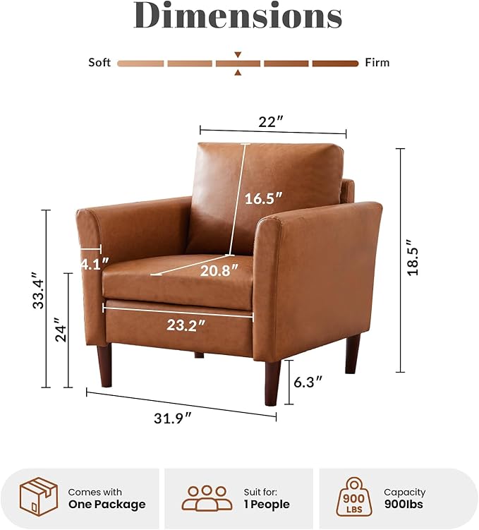Kingfun Mid-Century Accent Chairs PU Leather Modern Upholstered Living Room Chair Cozy Armchair with Rolled Arms and Deep Seats Brown (Set of 2)