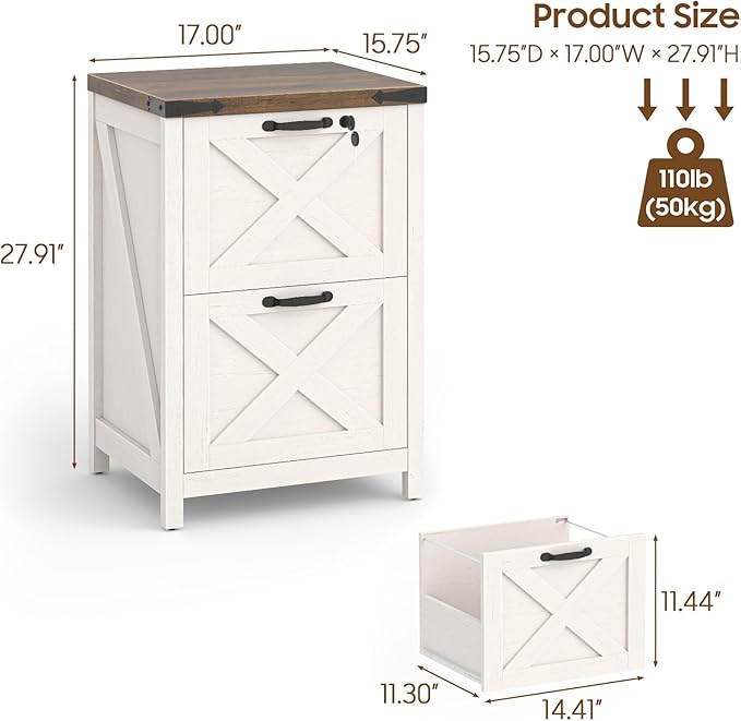 2 Drawer Small File Cabinet with Lock Farmhouse Vertical Filing Cabinet Fits Letter and A4 Size Under Desk Wooden File Cabinets for Home Office Printer Stand Rustic White