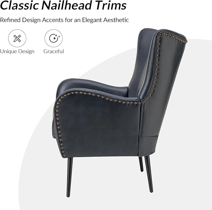Upholstered Faux Leather Accent Chair with Black Metal Legs Comfy Armchair with Removable Cushion &amp Nailhead Trim Wingback Vanity Chair for Reading Living Room Bedroom