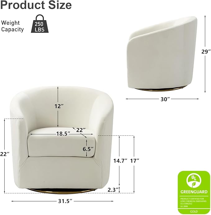 HULALA HOME Swivel Accent Chair with Gold Metal Base Set of 2 Contemporary Velvet Curved Swivel Barrel Chair Upholstered Club Armchair Leisure Single Sofa for Living Room Nursery Bedroom(Ivory)