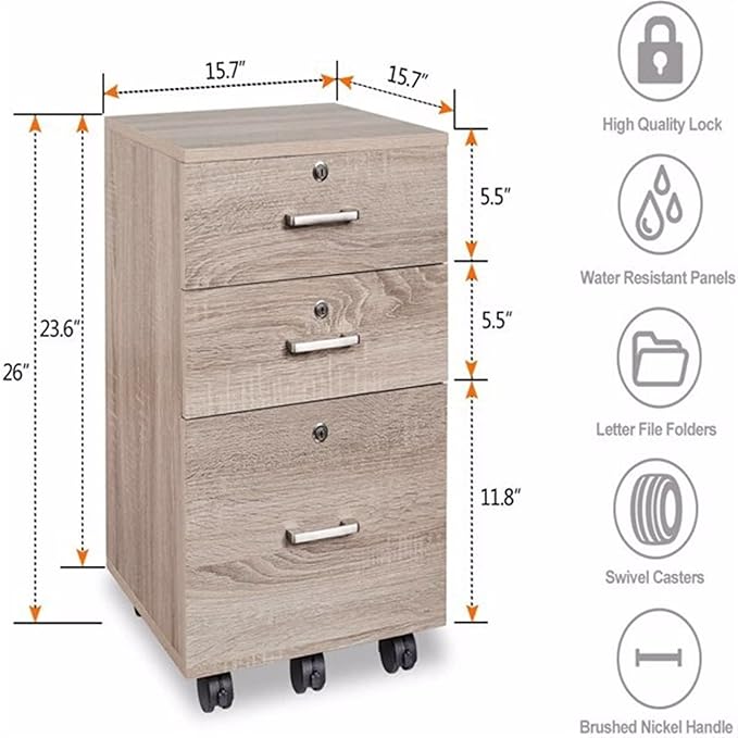 Filing Cabinet 3 Drawer Chest with Rolling Wheels Wood File Cabinet with Lock for Home Office Furniture Easy Assembly 15.7X15.7X26 Inch Oak File Storage Cabinets