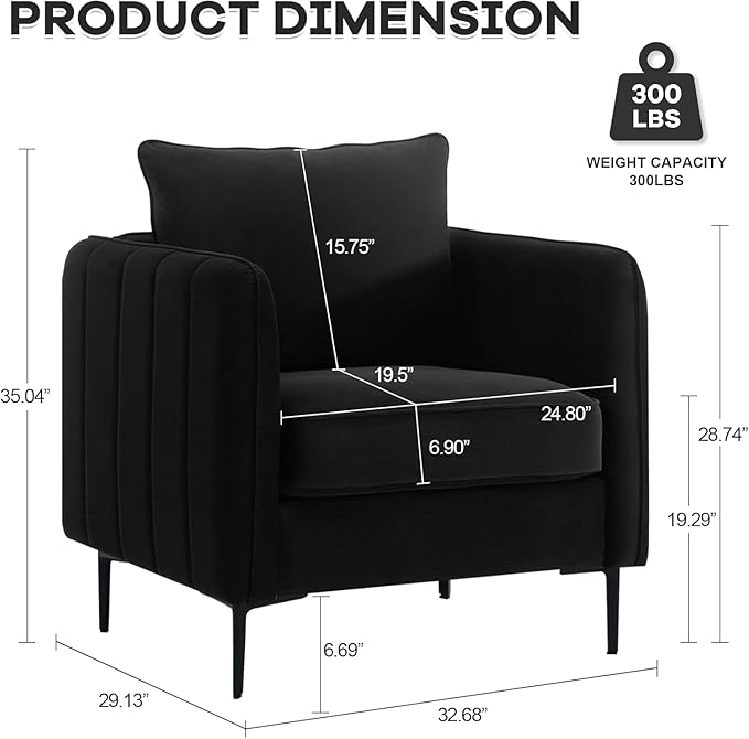 Modern Velvet Accent Chair Single Sofa Chairs Armchair with Square Arm Upholstered Reading Chairs for Living Room Bedroom Apartment (Velvet Chair-Black)