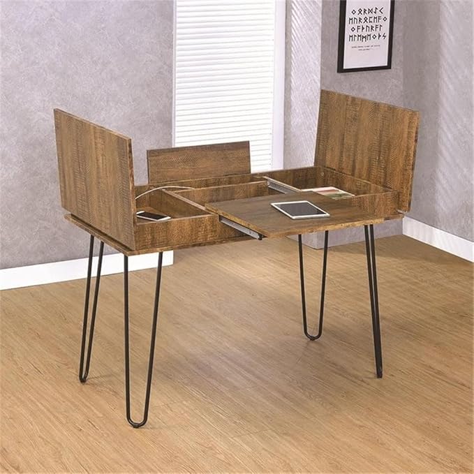 Stonecroft Cabrini Storage Writing Desk 47.25 in Wide Rustic Amber and Black Finish MDF and Metal Construction Built-in Power Outlet 4 Storage Compartments Mid-Century Modern Office Desk