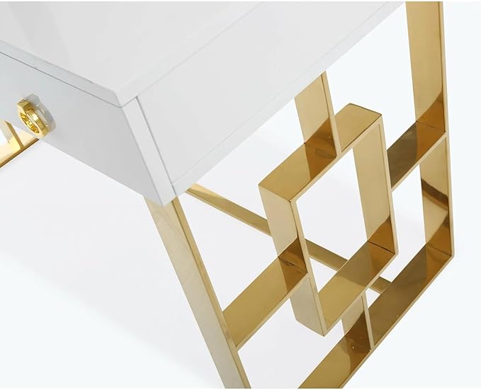 First of a Kind Brooke Mid Century Modern Gloss Lacquer Computer Desk - Home Office Desk with Drawers - Writing Desk for Luxurious Touch - Versatile PC Desk White/Gold