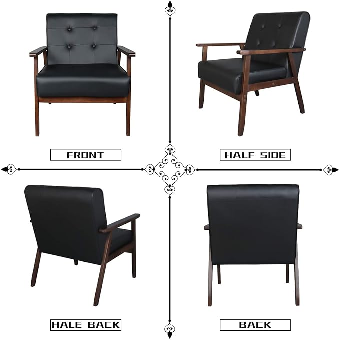 AODAILIHB 2 Piece Living Room Furniture Set Black Faux Leather Loveseat and Accent Chair Mid Century Modern Sofa and Chair Set with Solid Wood Arms for Office Reception &amp Apartment