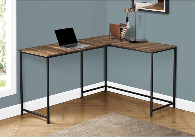 Corner L-Shaped Computer Desk 58-Inch Modern Home Office Workstation Brown Laminate Black Metal