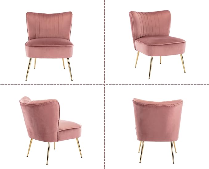 Pink Velvet Accent Chairs Set of 2 with Golden Legs Upholstered Side Chairs Mid-Century Modern Slipper Chairs for Guest Room Comfy Armless Wingback Corner Single Sofa Living Room Chairs