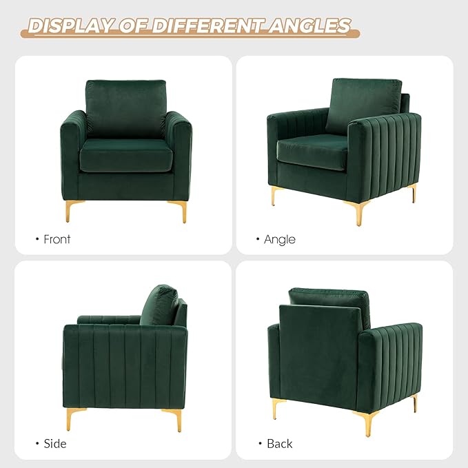 HULALA HOME Velvet Accent Club Chairs Set of 2 Modern Velvet Armchair Upholstered Accent Club Chairs Sofa Chairs with Gold Metal Legs Mid-Century Barrel Leisure Comfy Reading Armchair Green