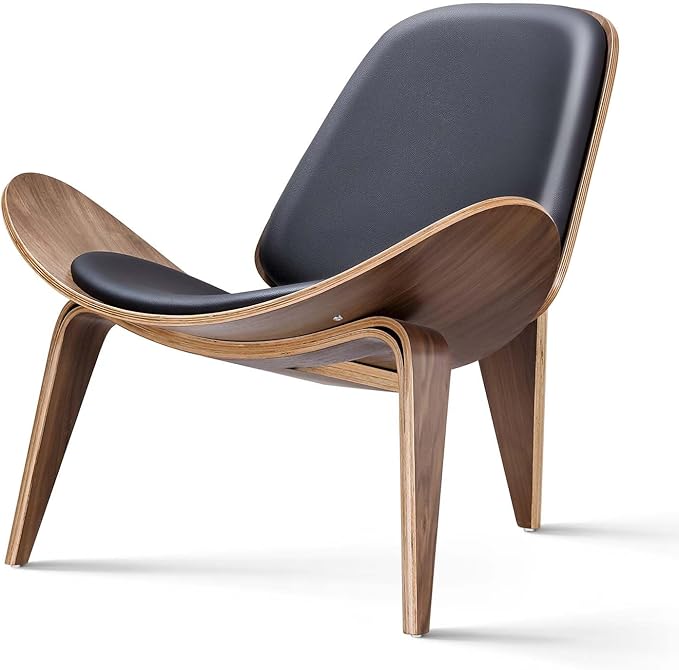 Mid Century Modern Shell Lounge Chair PU Leather Tripod Plywood Classic Design Solid Wood Accent Chairs for Living Room Reading Lounge Office Salon(Walnut)