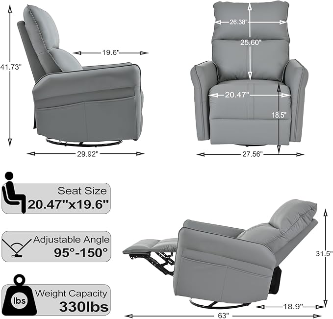 cinkehome Swivel Rocker Recliner Glider Rocker Recliner Chair for Nursery Overstuffed Manual Reclining Chair for Small Spaces Living Room
