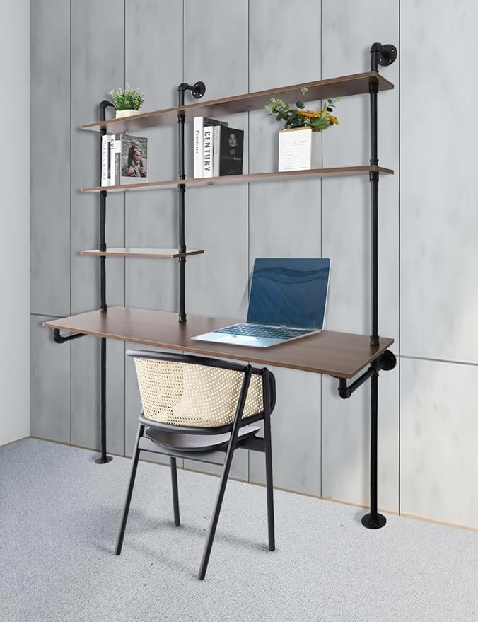 Industrial Pipe Computer Desk with ShelvesWall Mounted Laptop Desks for Small Spaces59 inch Bookshelf Narrow Writing Desk with Floating Shelves