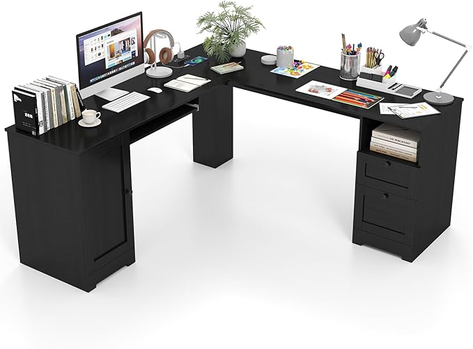 Tangkula 66” x 66” L-Shaped Office Desk with Power Outlets Modern Home Office Computer Desk with 2 Drawers Cabinet Adjustable Shelf &amp Keyboard Tray Corner Executive Desk for Working Writing