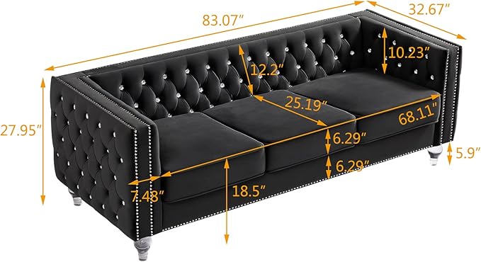Mikibama Velvet 3 Seater Sofa Couch with Buttons and Square Arms 83.07 Inch Tufted 3-seat Sofas with Trimmed Nailhead and Acrylic Legs Modern Couches for Living RoomBedroom (Black-crystal Legs Sofa)
