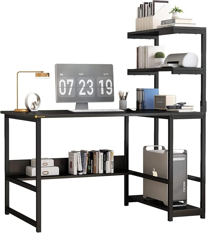 L-Shaped Computer Desk with 4-Tier Storage Shelves 43 inch Writing Desk with Bookshelf for Home Office Reversible Corner Gaming Desk for Bedroom Black (Black)