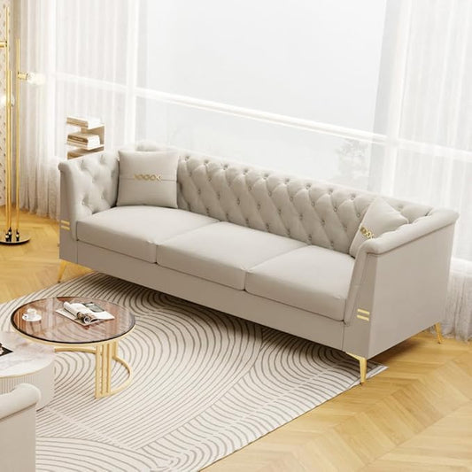Chesterfield Sofa Sectional Couch with Metal Legs 82.6 Velvet Couch White and Gold Sofa Luxury Loveseat for Living Room Tufted Sofas with 2 Pillows &amp Classic Golden Decor White