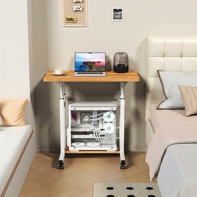 Adjustable Height Mobile Computer Desk for Small Space Rolling Writing with Wheels Corner Home Office Study Portable Bedrooms Work Desk Standing Table 31.5x15.75 Inches Height 27.16-35.43 Natural