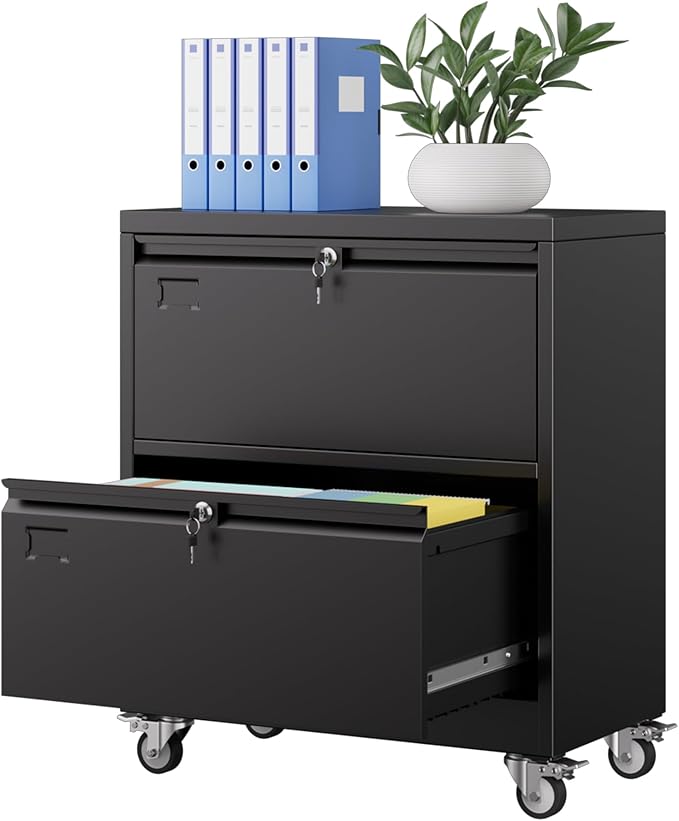 METAN Upgrade 2 Drawers Lateral File Cabinet on WheelsSteel Office Filing Storage Cabinet with 2 LocksAssembly RequiredBlack