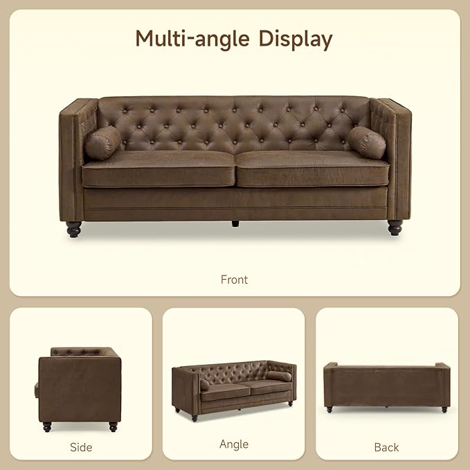 ONBRILL 79'' Faux Leather Couch for Living Room Comfy Chesterfield Button-Tufted Sofa with 2 Bolster Pillows and Wood Legs Mid-Century Modern Deep Seat Couch for Apartment Office Brown