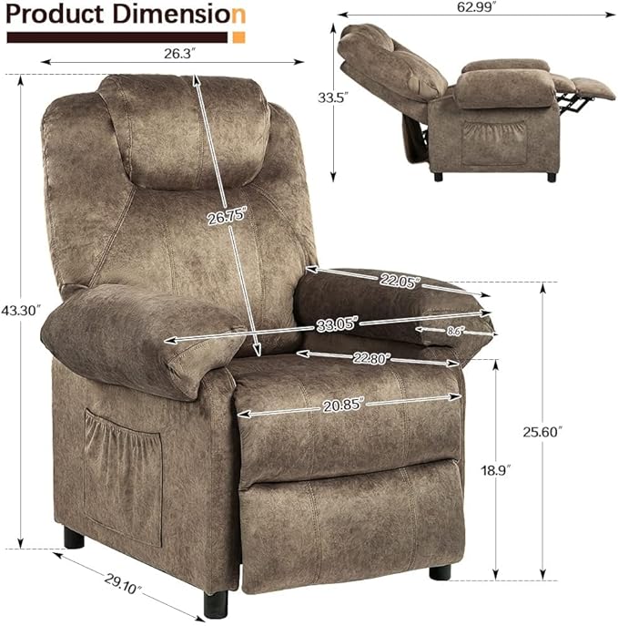 KCREAM Massage Recliner Chair with HeatOverstuffed Fabric Recliner Chairs with HeatingSmall Recliner for Living Room Bedroom Manual Reclining Single Sofa Recliners Lounge Chair for AdultBrown