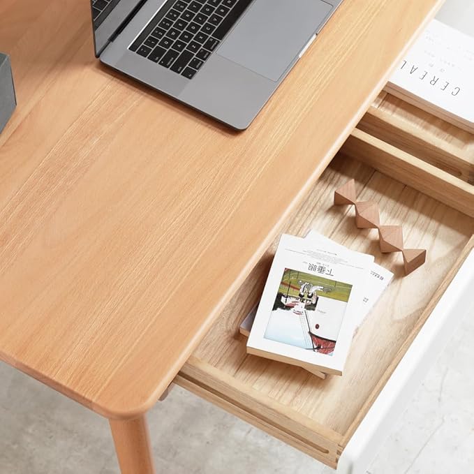 Solid Wood Computer Desk - 47'' Large Size Office Desk with 2 Drawers Modern Simple Style PC Table with Gap Design for Home Office Work Student Study Makeup Workstation (Beech)