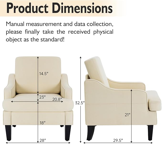Accent Chair for Living Room Upholstered Living Room Chair with Side Pockets Comfy Accent Chairs for Bedroom Mid Century Modern Armchair for Office Apartment Waiting Room Club (Beige)