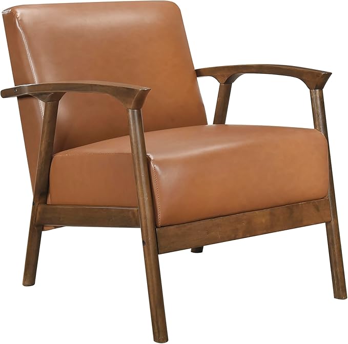 Lexicon Mid Century Modern Accent Chair Faux Leather Upholstered Lounge Armchair Solid Rubber Wood Frame Single Sofa Seat for Living Room/Bedroom/Office/Waiting Area Brown