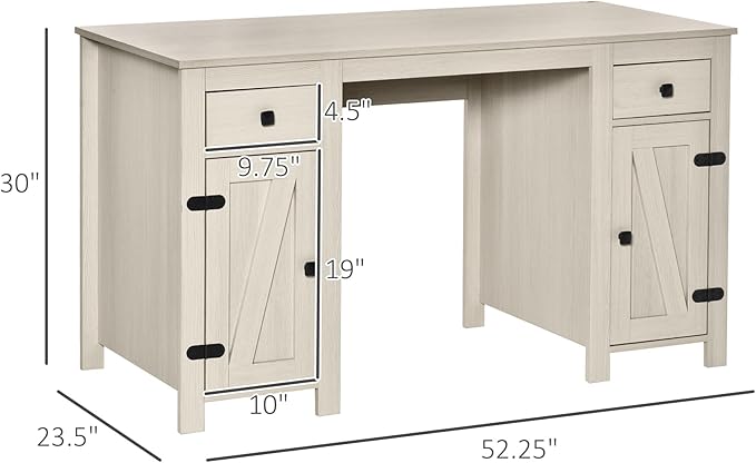 Farmhouse Computer Desk with Storage Home Office Desk with 2 Drawers and 2 Cabinets Cream White