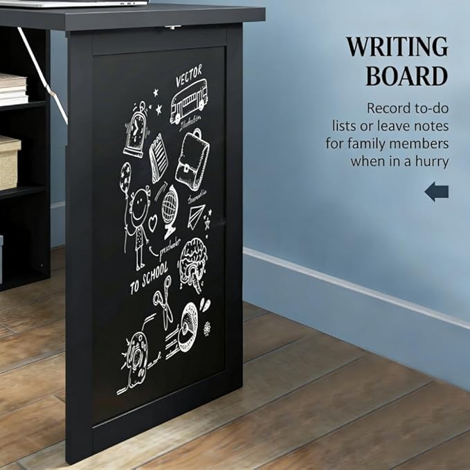 Murphy Desk with Storage Shelves Fold Out Hidden Computer Executive Desk Foldable Pull Out Writing Home Office Table with Blackboard for Bedroom Small Spaces (Black)